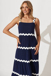 Navy & White Maxi Dress with Ric Rac Trim